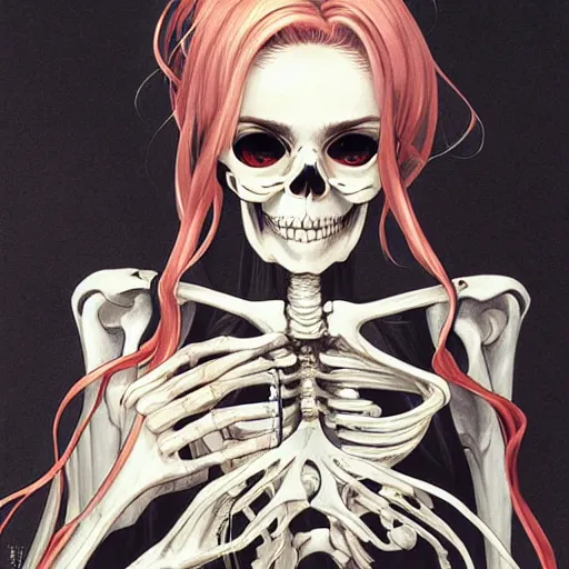 Prompt: anime manga skull portrait young woman holding balloon, skeleton, intricate, elegant, highly detailed, painting by jc leyendecker and sachin teng