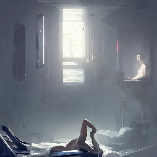 Image similar to concept art by greg rutkowski, very tall and slender young man waking up in a hospital bed, futuristic and high - tech setting but desolate and dimly lit, scifi, highly detailed portrait, digital painting, artstation, concept art, smooth, sharp foccus ilustration, artstation hq