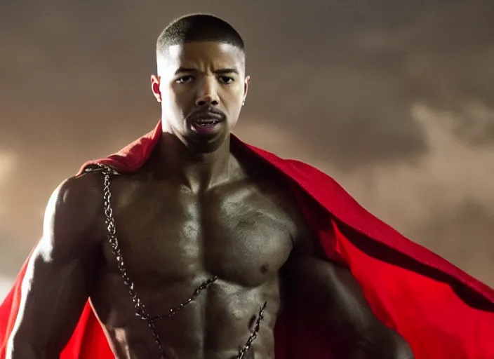 Image similar to film still of michael b jordan as spawn in the new spawn movie, giant chains, large cape, 8 k