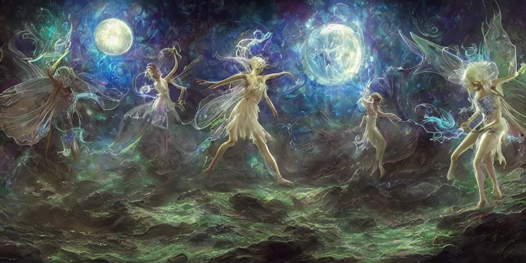 Prompt: concept art of translucent glowing fairies dancing, lovecraftian, renaissance, melting, round moon, rich clouds, fighting the horrors of the unknown, moon rocks, very detailed, volumetric light, mist, fine art, decaying, textured oil over canvas, epic fantasy art, very colorful, ornate intricate shiny scales