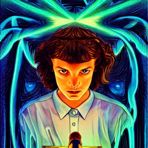 Image similar to stranger things by evelyn de morgan, by jack kirby funereal, kaleidoscopic. a print of a young woman holding an orange