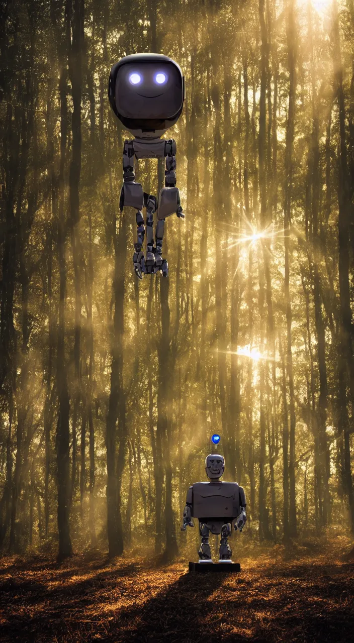 Image similar to a robot portrait in a movie, forest, cinematic shot, sun beams