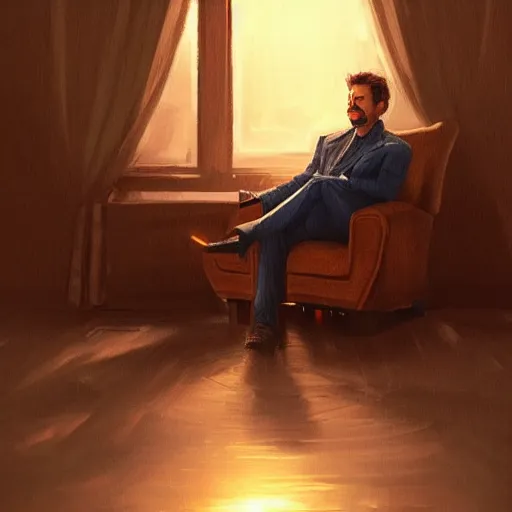 Prompt: concept art of tony stark sitting in an armchair in a room with the setting sun, cinematic shot, painting by jama jurabaev, extremely detailed, brush hard, artstation, high quality, brush stroke