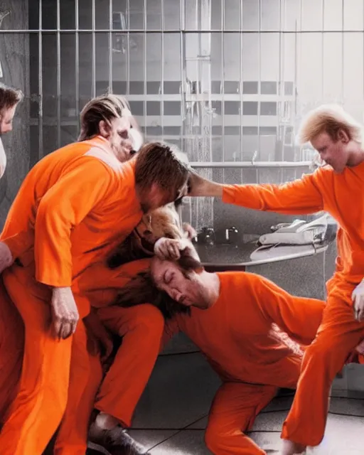 Image similar to Medium shot photo of eagles biting Donald Trumps head in jail, wearing orange pajamas, octane, dramatic lighting, editorial photo, 35mm, very detailed