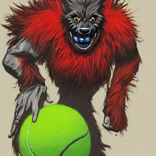 Image similar to a tennis ball monster, wolf, werewolf, star wolf, digital art, fantasy, magic, chalk, trending on artstation, ultra detailed, professional illustration by basil gogos