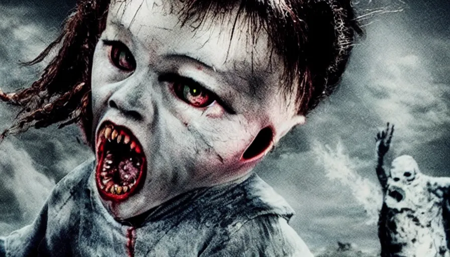 Prompt: big budget horror movie about an evil killer doll fighting godzilla