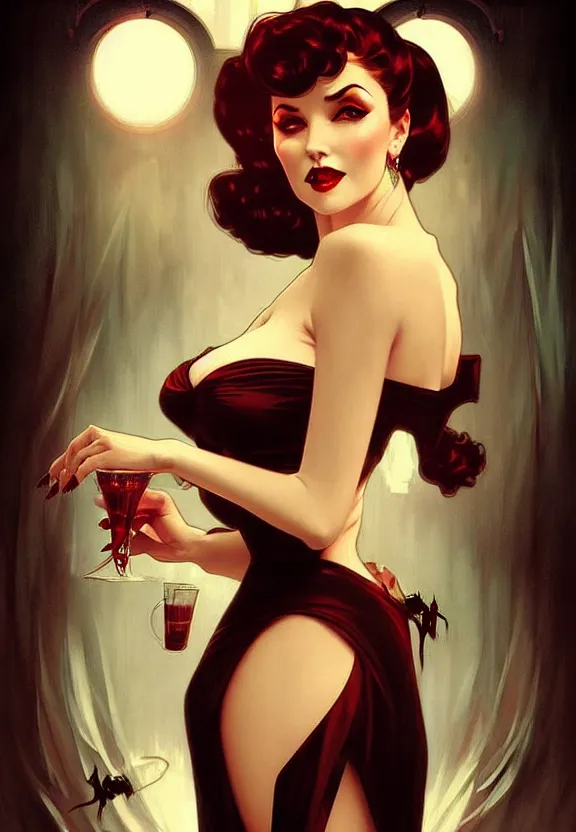 Image similar to elegant pin-up vampire at 50’s style diner, fantasy magic, dark light night, intricate, elegant, sharp focus, illustration, highly detailed, digital painting, concept art, matte, art by WLOP and Artgerm and Greg Rutkowski and Alphonse Mucha, masterpiece