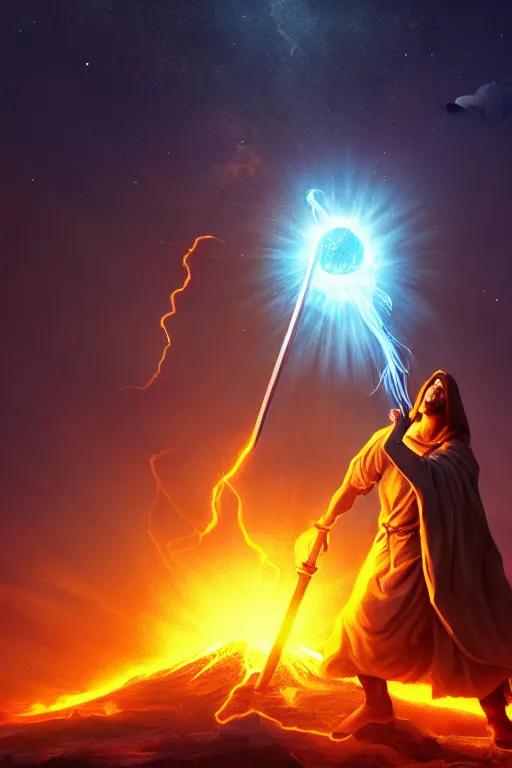 Image similar to levitating wizard wielding a spear opening a shining portal pulsating in the night sky, horizon of an erupting volcano, photorealistic, artstation, highly detailed