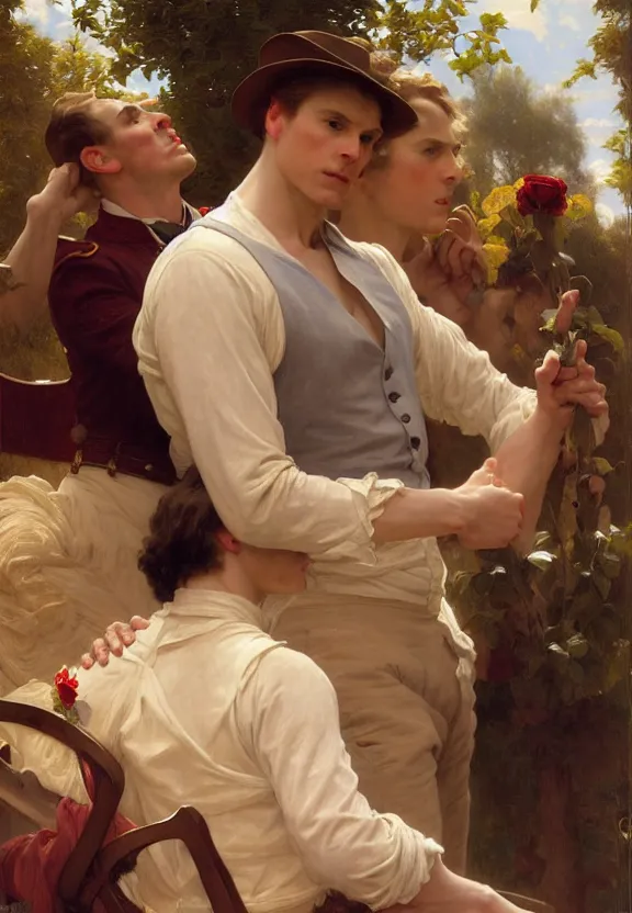 Image similar to attractive handsome fully clothed christopher tietjens confesses his love for attractive fully clothed valentine wannop. parades end. centered composition. highly detailed painting by gaston bussiere and j. c. leyendecker and william adolphe bouguereau and fra angelico and octane render, musee d'orsay 8 k