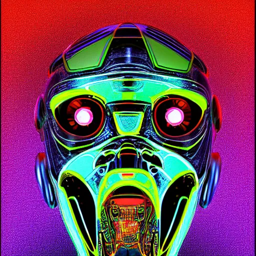 Prompt: hyperdetailed portrait of a futuristic atompunk robot head, 8 k, symetrical, flourescent colors, halluzinogenic, multicolored tshirt art, black background