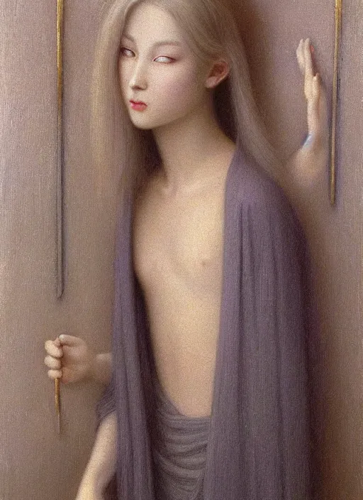 Image similar to thin young beautiful girl with silver hair, pale!, wearing robes, wearing hair, golden goddess, young cute wan korean face, silver hair!!, oil on canvas, style of jean delville, 4 k resolution, aesthetic!,