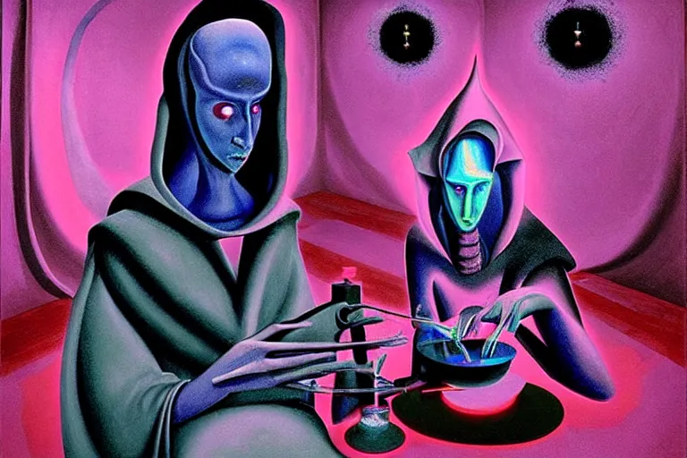 Image similar to a masterpiece painting in the laboratory of a technomancer wizard, in dazzle camouflaged robes, pointed hoods, he discusses sentience with his al djinn by remedios varo and anato finnstark and greg rutkowski and andy warhol and francis picabia. dayglo pink blue, prismatic, pearlescent, raven black, glowing, hyperrealism, trending on artstation