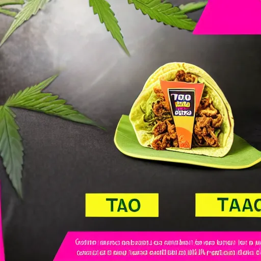 Prompt: promotional advertisement photography of the new Taco Bell cannabis flower taco