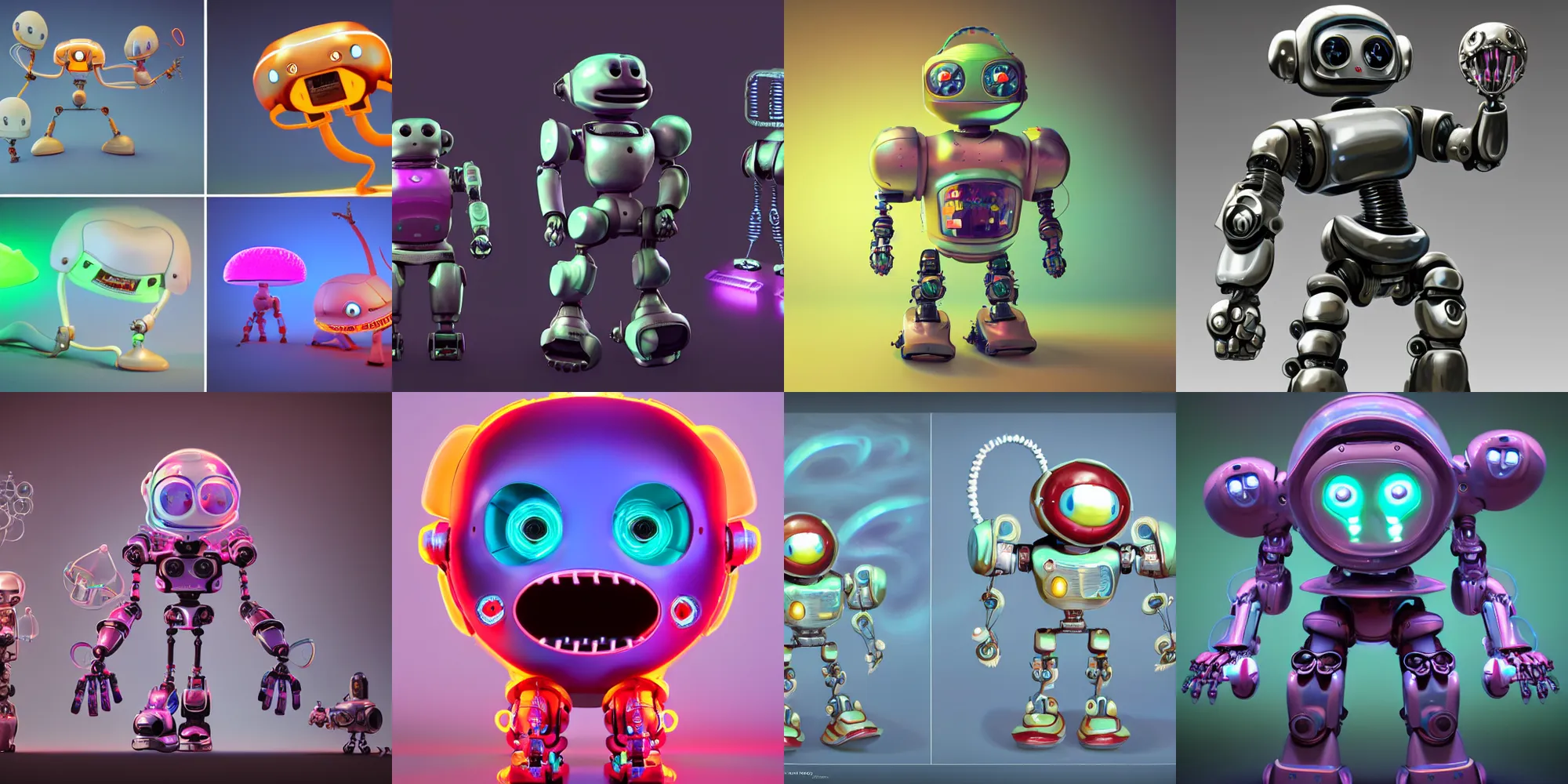 Prompt: funny, cute, cute, smiling, screaming, fighting, dancing, Tintoy Characterdesign Robot, mechabot neon jellyfish hard surface modelling, high details, by Eddie Mendoza, by Peter mohrbacher, Pictoplasma bioluminescent biomechanical halo, by jarold Sng, by disney, by tooth wu, octane render, cinematic light, high details, dichroic, cgsociety, by jonathan ive