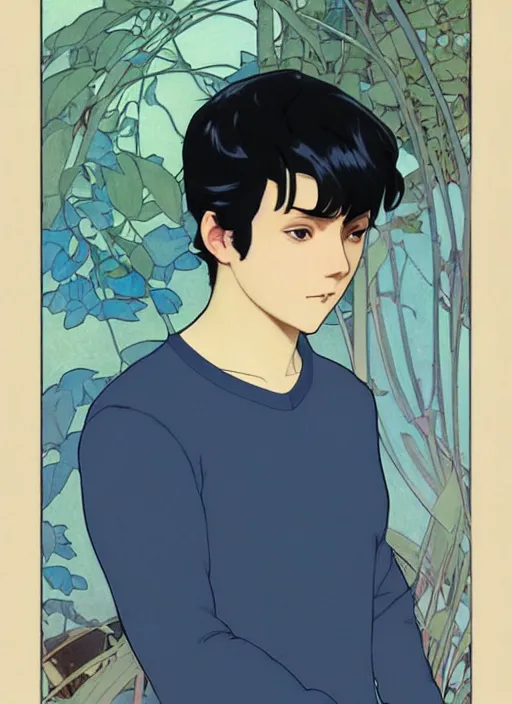 Image similar to handsome young man with short black hair, male, dressed in blue, half body shot, arms folded, path traced, highly detailed, high quality, digital painting, by studio ghibli and alphonse mucha, leesha hannigan, hidari, art nouveau, chiho aoshima, posuka demizu, atey ghailan, artgerm, ayami kojima