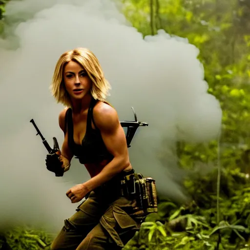 Prompt: cinematic action scene with julianne hough as a commando in the jungle, dramatic smoke, still frame