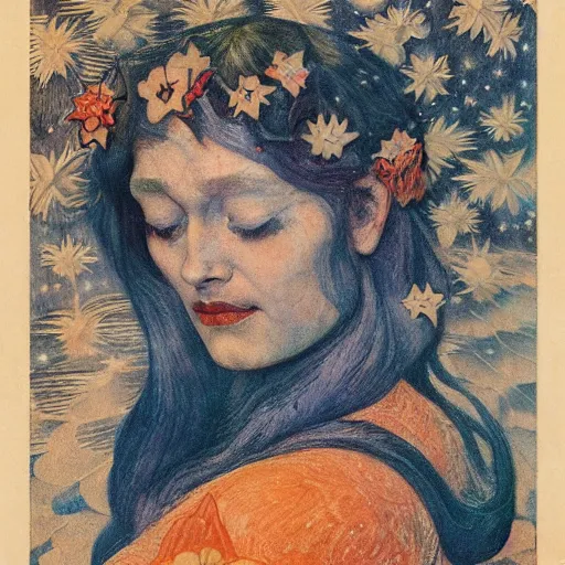 Image similar to queen of the moon with stars in her hair, by annie swynnerton and tino rodriguez and nicholas roerich and lucien freud and jean delville, dramatic lighting, floral tattoos, rich colors, smooth sharp focus, extremely detailed, adolf wolfli