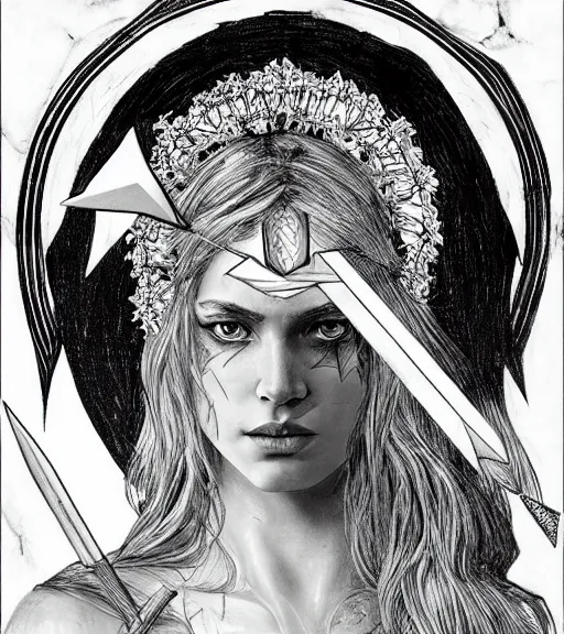 Image similar to aphrodite goddess wearing an arrow on her head, beautiful face, black and white drawing, in the style of greg rutkowski, fantasy, amazing detail, epic, intricate, elegant, smooth, sharp focus