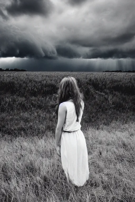 Image similar to kodak ultramax 4 0 0 photograph of a girl with long hair standing in a field, stormy clouds, wicked clouds, big clouds, back view, grain, faded effect, vintage aesthetic,