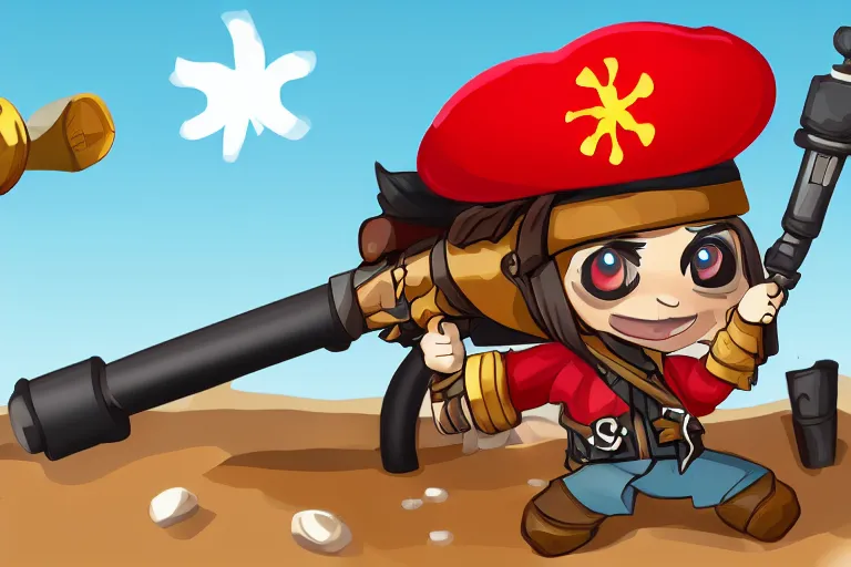 Prompt: little man with a pirate hat holds a bazooka, chibi, game character design