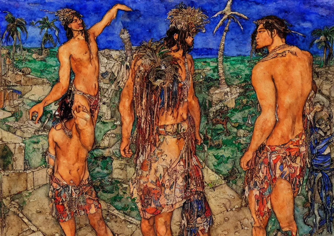 Prompt: watercolor of a polynesian greek god seeking their lover through the streets of an abandoned village, sparse detail, complementary color scheme, by george luks, mati klarwein and moebius