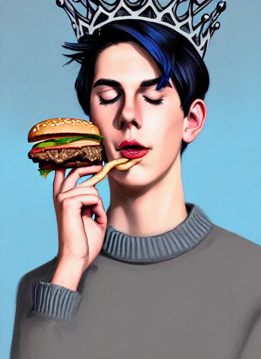 Image similar to portrait of teenage jughead jones wearing a light grey crown, crown, eating hamburger, blue turtleneck, eyes closed, crown, black hair, intricate, elegant, glowing lights, warm lighting, highly detailed, digital painting, artstation, concept art, smooth, sharp focus, illustration, art by wlop, mars ravelo and greg rutkowski