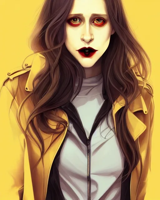 Image similar to in the style of Joshua Middleton and artgerm, beautiful evil vampire Taissa Farmiga sharp bloody vampire fangs open mouth, yellow eyes, symmetrical eyes, realistic face, symmetrical face, brown leather jacket, jeans, long black hair, full body, moody lighting