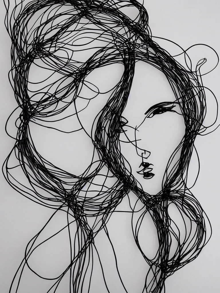 Prompt: beautiful elegant hanging thick wire art of a symmetrical and expressive female human figure face artistic