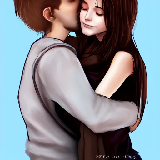 Prompt: A beautiful brown hair girl hugs her boyfriend, deep love, digital art, artstation