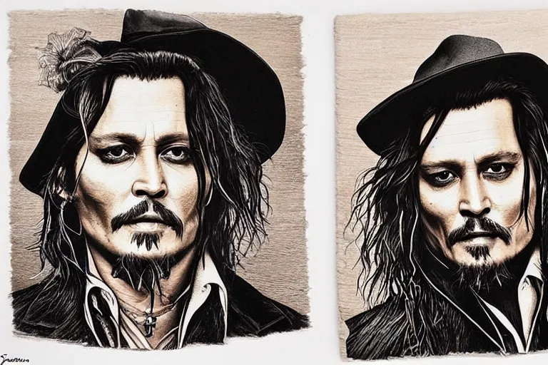 Prompt: An engraved portrait of Johnny Depp , detailed!!! copper-plate engraving, fine!!! lines, Bureau of Engraving and Printing