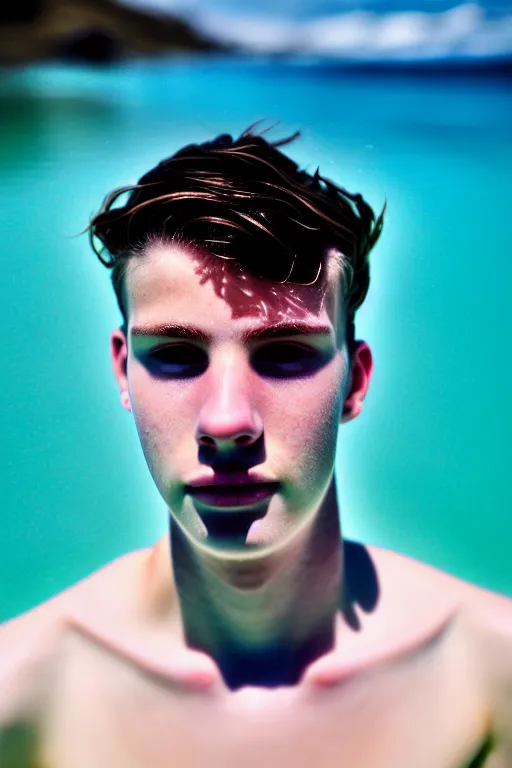 Image similar to high quality pastel coloured film mid angle docu photograph of a beautiful young 2 0 year old male, soft features, short black hair, swimming, submerged in an icelandic black rock pool environment. atmospheric. three point light. photographic. art directed. ( pastel colours ). volumetric light. clearcoat. waves glitch. 8 k. filmic.