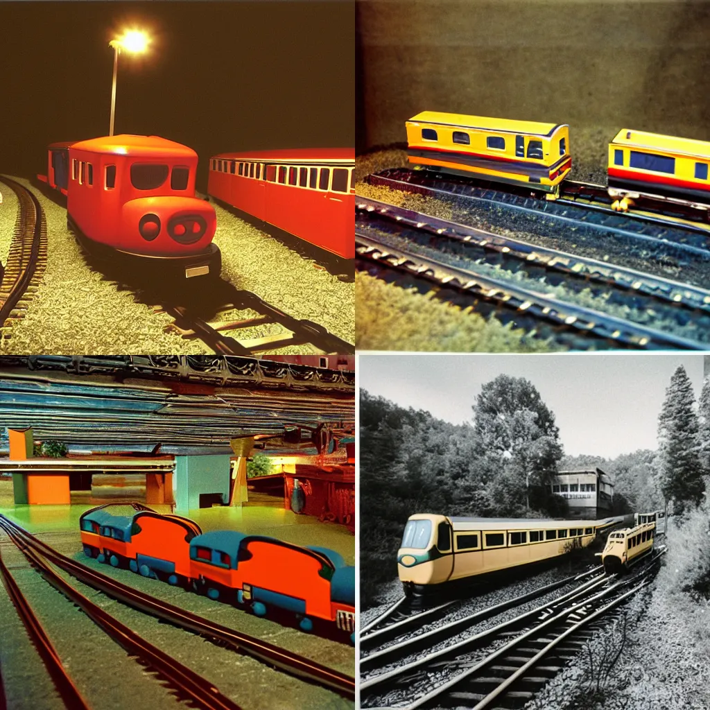 Prompt: liminal space with giant toy train locomotives, flash photography 1998