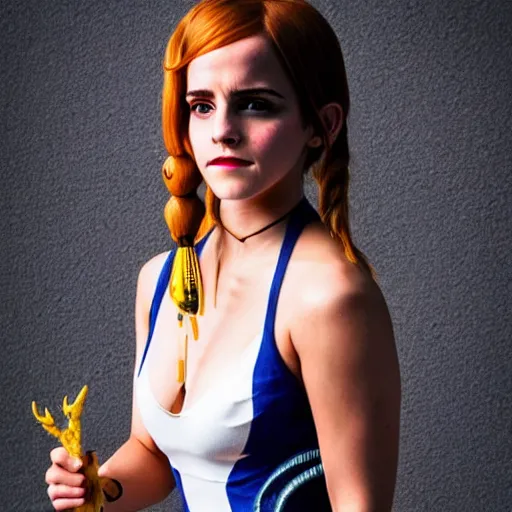 Image similar to a full body photo of emma watson as nami from one piece holding a trident in one hand, award winning photography, 50 mm, perfect faces.