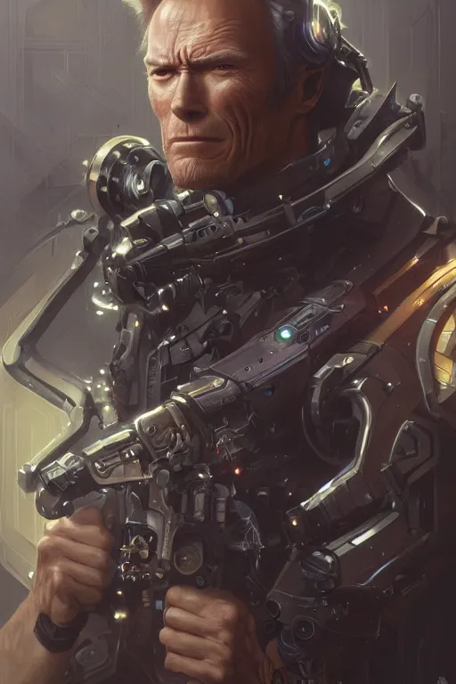 Image similar to clint eastwood cyborg, portrait, western, steampunk, duster, fantasy, intricate, elegant, highly detailed, digital painting, artstation, concept art, sharp focus, illustration, art by artgerm and greg rutkowski and alphonse mucha