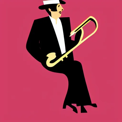 Prompt: modern vector graphic of a singular seated jazz musician with a bowler hat playing a sizzling trumpet solo, 8 colors