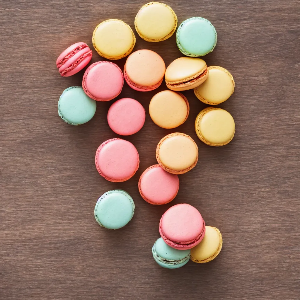 Prompt: 30-degree view of macarons on top of a wooden table, 4k, photorealistic