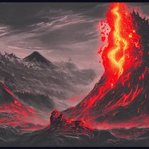 Image similar to a highly detailed red and black obsidian volcanic goblin, like magic the gathering, goblin chainwalker, with a volcano in the background ” w 7 6 8