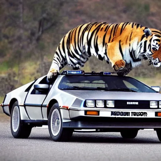 Image similar to a delorean protecting a tiger,