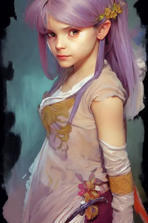 Image similar to a little gamergirl with a mischievous face and short!! light colorful straight hair. she is dressed as gamergirl in her room, painting, beautiful detailed face. by artgerm and greg rutkowski and alphonse mucha