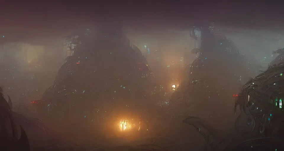 Prompt: Retro futuristic Sci-Fi space forest scene, Giant Aztec space city, volumetric light, fog, dusk lighting, intricate details ,by denis villeneuve, Ridley Scott, Greg Rutkowski and Alphonse Mucha