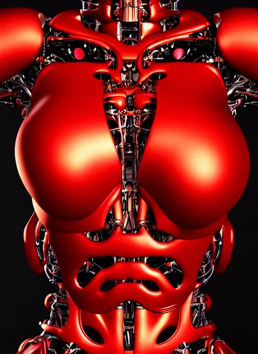 Image similar to organic cyborg full frontal torso close-up, vivid red satin plastic, diffuse lighting, fantasy, intricate, elegant, highly detailed, lifelike, photorealistic, digital painting, artstation, illustration, concept art, smooth, sharp focus, art by John Collier and Albert Aublet and Krenz Cushart and Artem Demura and Alphonse Mucha