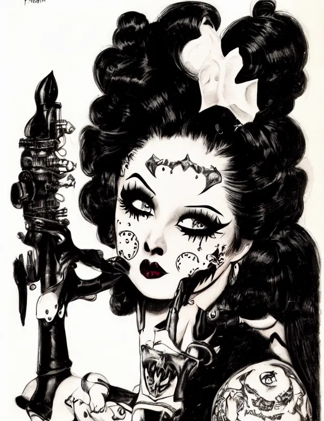 Prompt: of a goth girl burlesque psychobilly, rockabilly, punk, black hair, detailed face, white background, drawing, illustration by frank frazetta