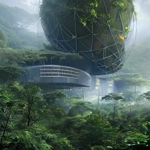 Image similar to extreme wide shot a futuristic containment building in a rainforest valley with a city in the distance, national geographic, hyper realistic, 4 k, harsh light, artstation