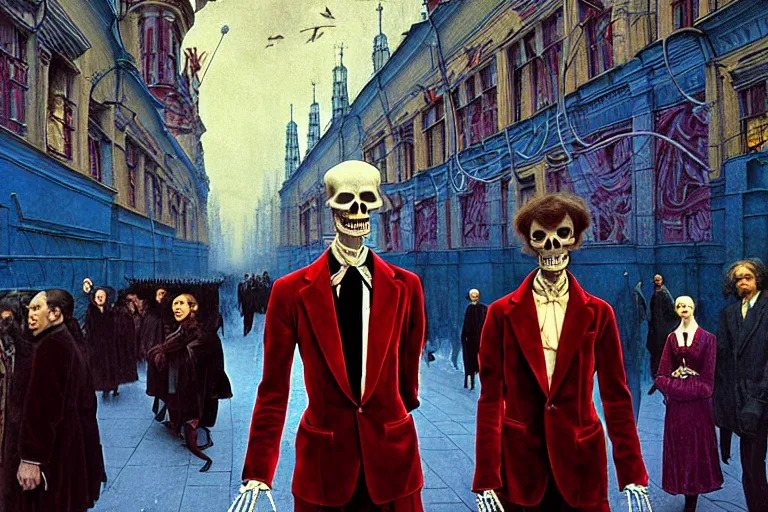 Image similar to realistic detailed photorealistic film portrait shot of a single skeleton wearing crimson velvet blazer in a crowded futuristic moscow street by Denis Villeneuve, Amano, Yves Tanguy, Alphonse Mucha, Ernst Haeckel, Andrei Tarkovsky, Edward Robert Hughes, Roger Dean, rich moody colours, wide angle, blue eyes