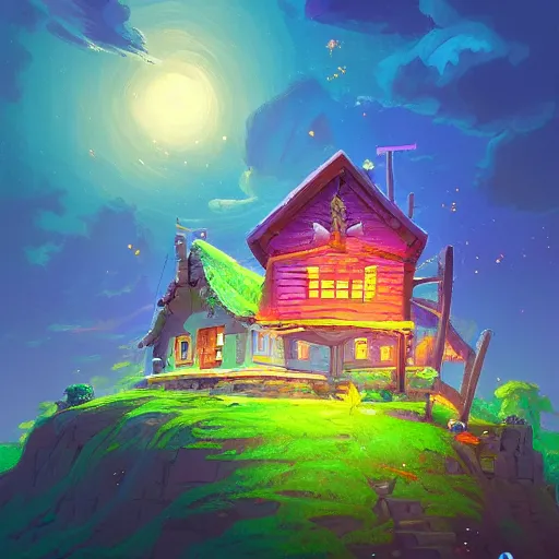 Prompt: beautiful 3 d painting of a colourful house on a hilltop at midnight with small fireflies flying around, breath of the wild, hyrule, inspired by cyril rolando, david wiesner, artstation, unreal engine