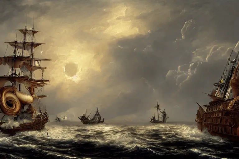 Image similar to Giant squid drags a ship into the ocean. A second ship targets the squid with cannon fire. painting by Louis Philippe Crepin. smoke and flashes from cannon fire. 8k octane beautifully detailed render, post-processing, extremely hyper-detailed, intricate, epic composition, highly detailed attributes, highly detailed atmosphere, cinematic lighting, masterpiece.