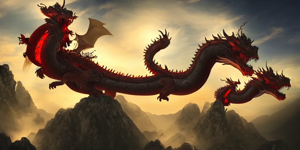 Image similar to two giant chinese dragons flying across the mountains fighting to the death, trending on artstation, digital art, fog, sun flare, fire, blood, rain, cut, bleeding, firebreathing, death