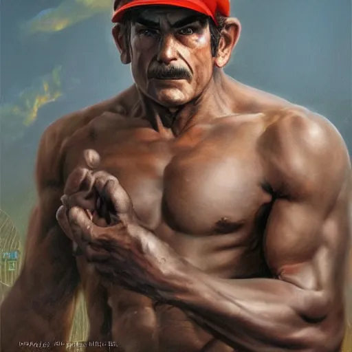 Image similar to An ultra realistic portrait painting of Mario in the style of Frank Frazetta, 4k, Ultrarealistic, Highly Detailed, Dark Fantasy, Epic Lighting