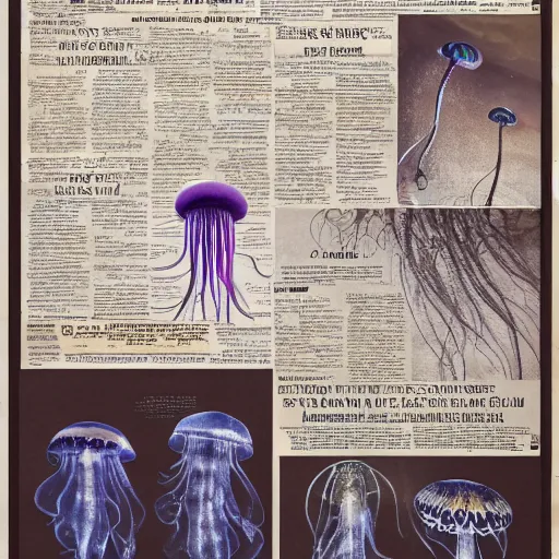 Image similar to jellyfish 4 dultra detailed big written words hello are missing limbs super detailed by printing magazine newspaper cinematic, realistic, intricate