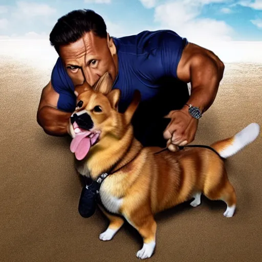 Image similar to photo of dwayne johnson riding a giant corgi, highly - detailed, sharp focus, award - winning